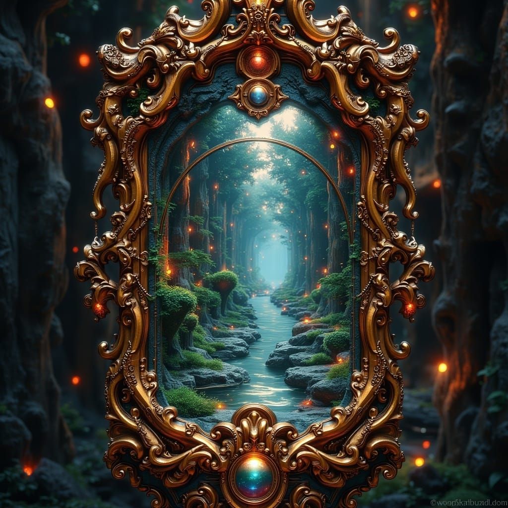 <lora:MJ6-1 Portals:1.0> Magic Mirror: A mirror that, when spoken to, reveals a portal to enchanted lands and mystical places, by artist Syl...