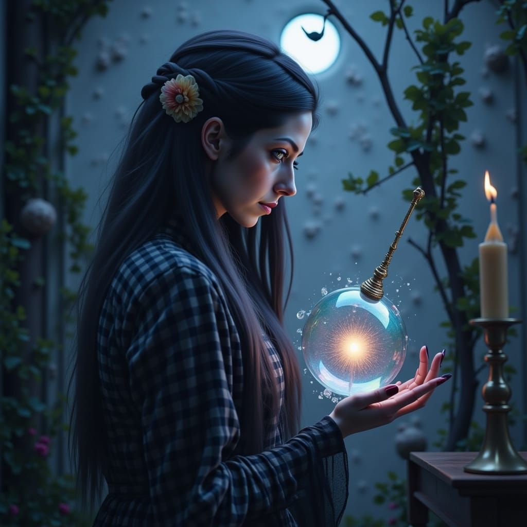 hauntingly beautiful <lora:Face of Kooky:1.0>girl with pale skin and large, glassy green-gray eyes sits in dim candlelight. Her long straig...