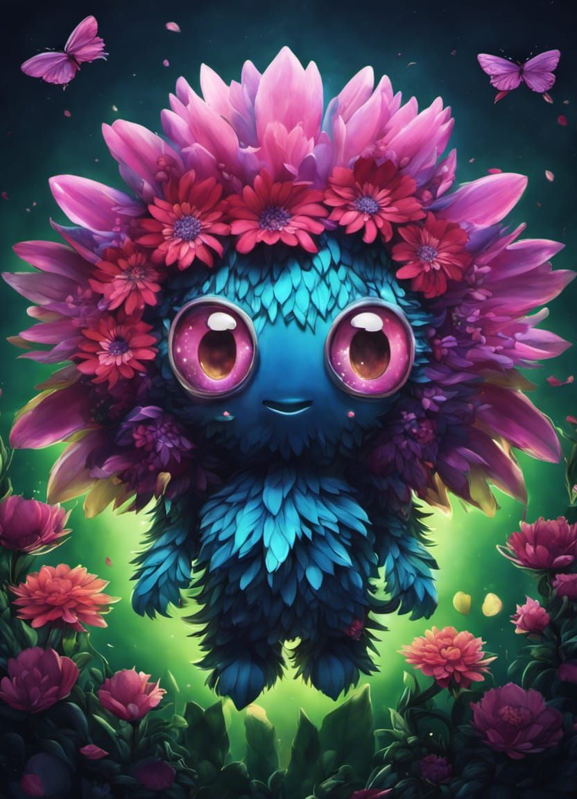 Chibi cute flower monster face made of petals, flower buds 3D, 4D