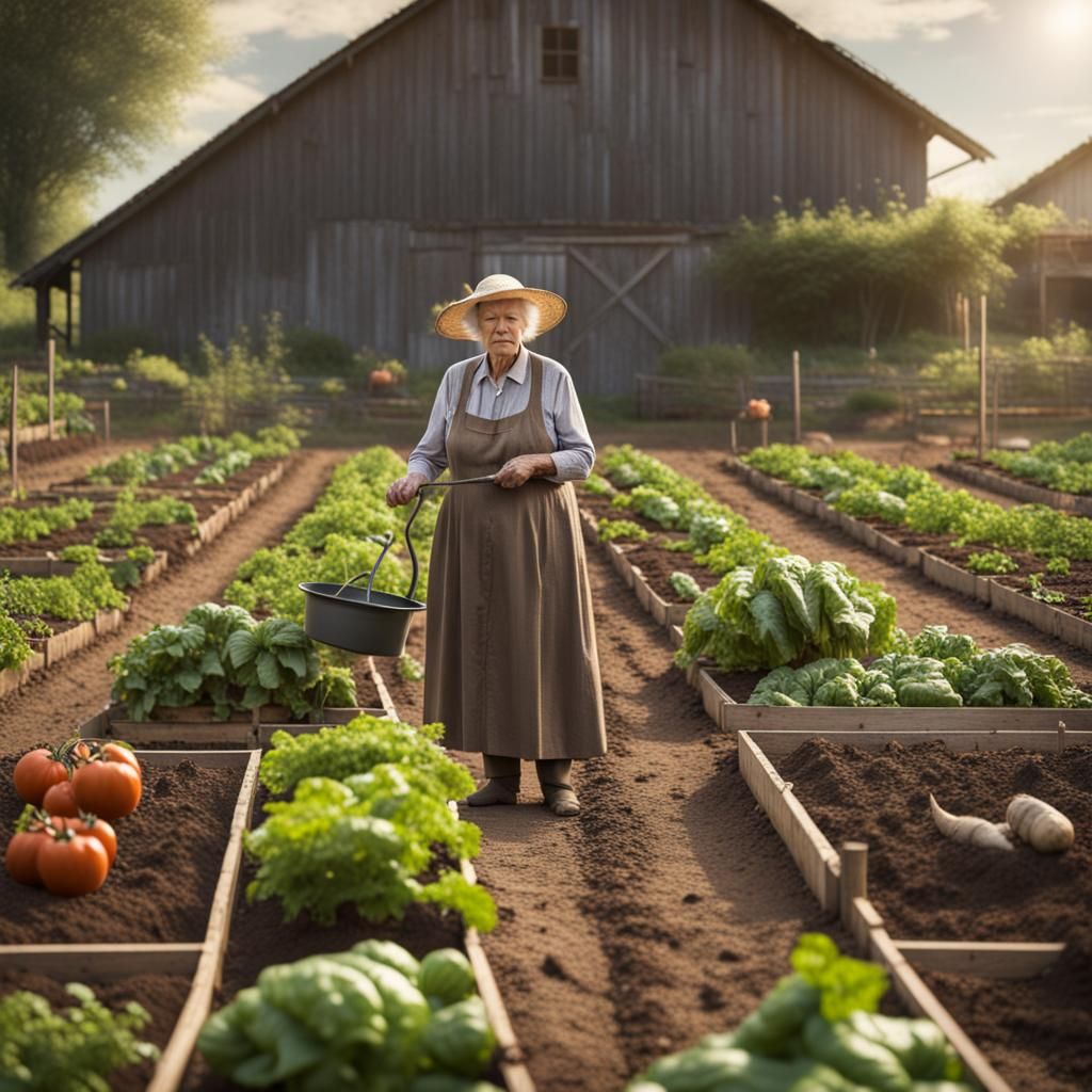 old woman tending her large vegetable garden on the farm  by @jadeilady