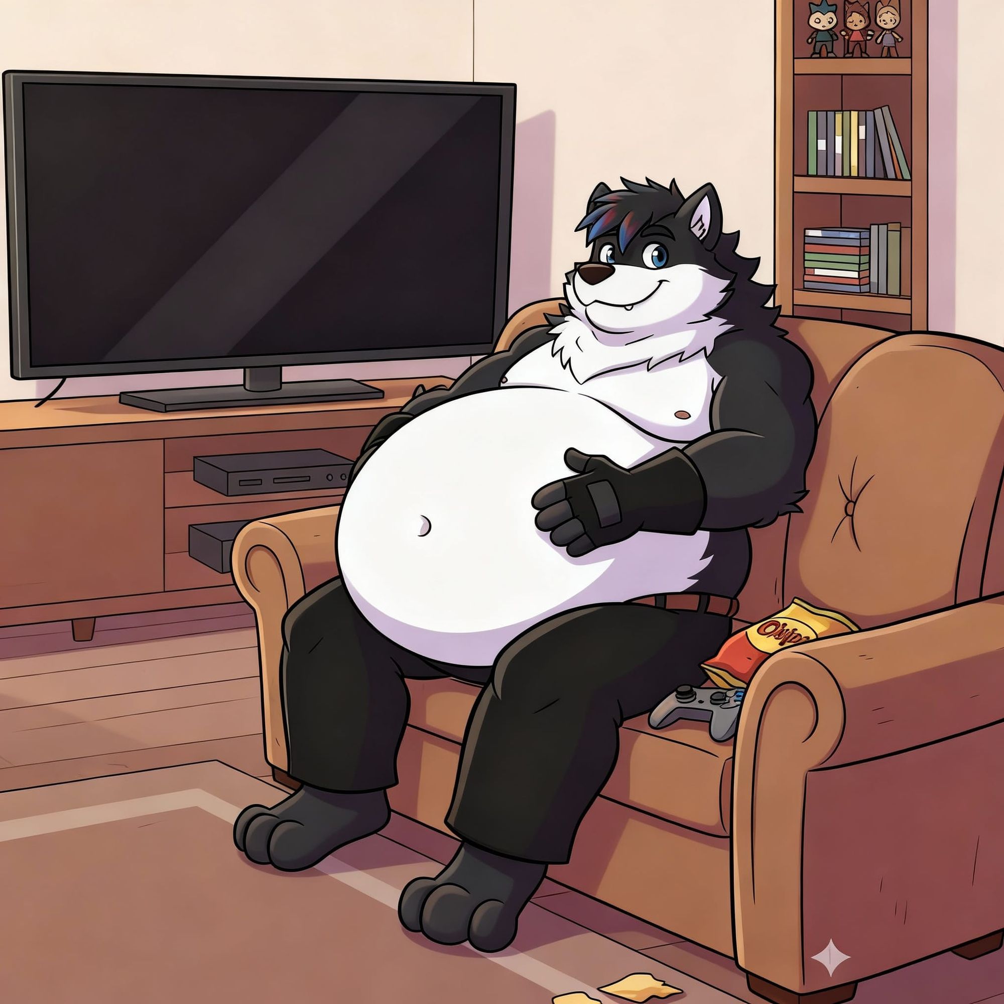Create a realistic image of the character sitting on a couch rubbing his big round belly