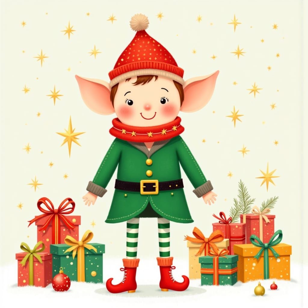 <lora:Christmas Cheer:1.0>a cheerful Christmas elf standing in the snow, surrounded by colorful wrapped presents. The elf is wearing a green...