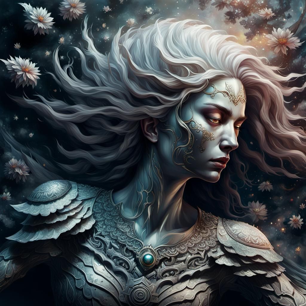 Majestic Armored Figure with Flowing Hair