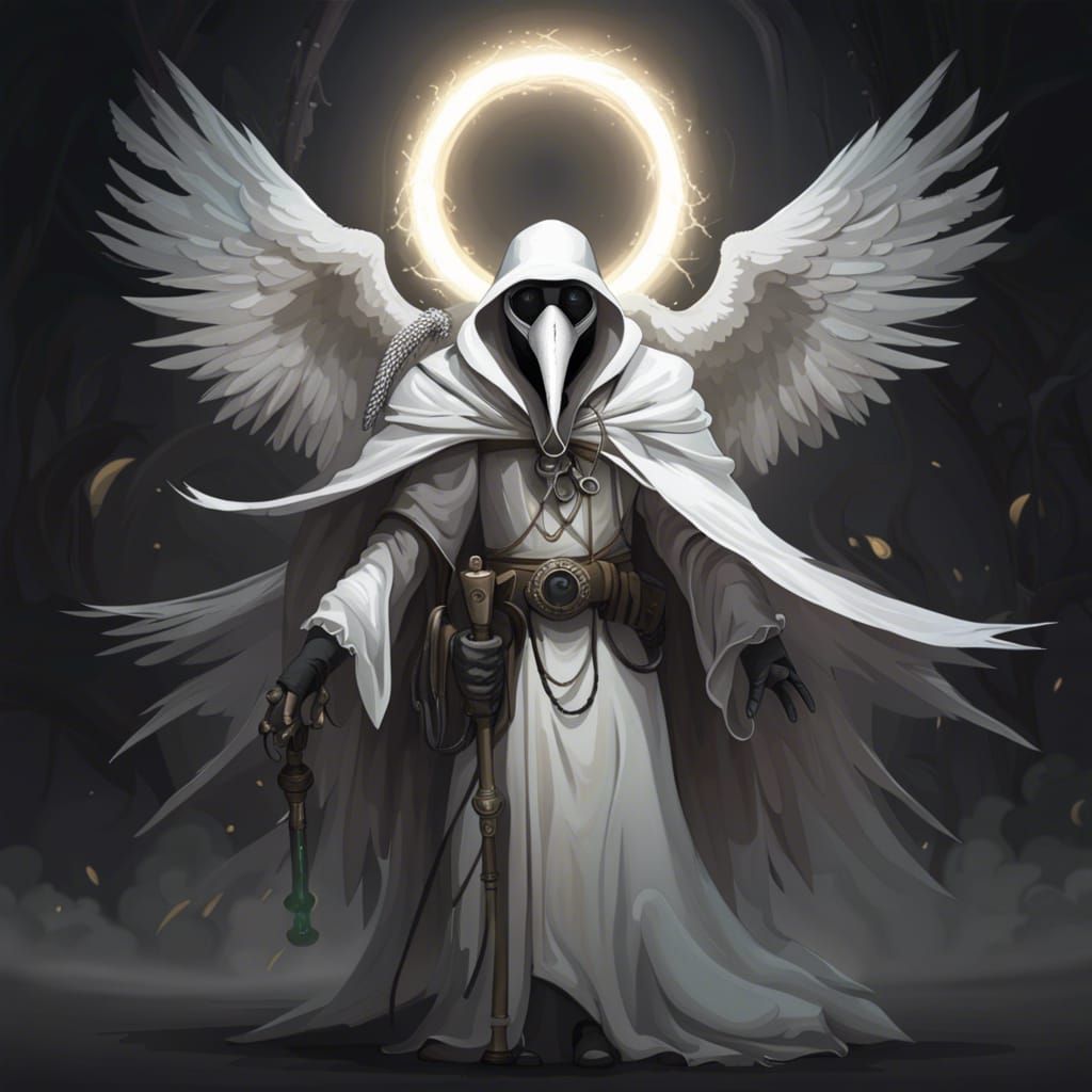 White plague doctor with angel wings and a halo