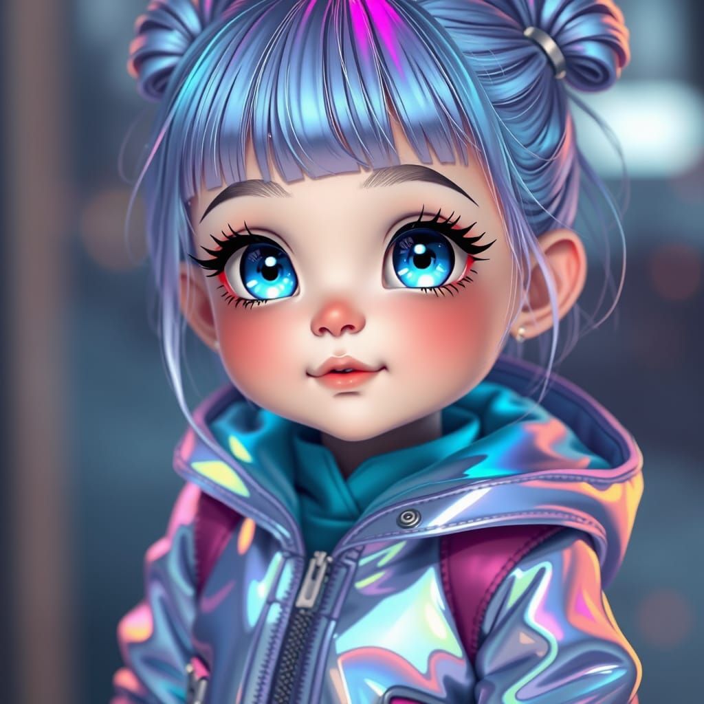 The image shows an adorable kawaii little girl Big light blue eyes and long eyelashes with a holographic ...  by @Kellys AI Kreations