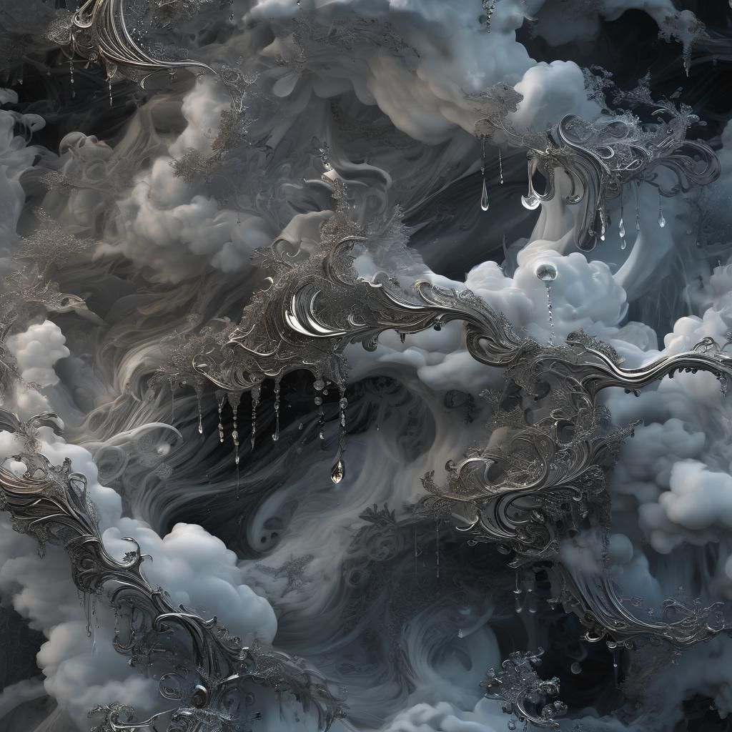 Dark Liquid Suspended in Air with Silver Filigree