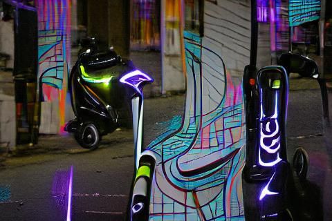 Night magic neon and black line art scooter in the city 8k