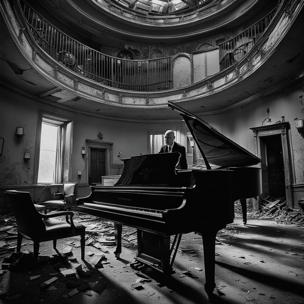 A tall bald man dressed in black walks through an abandoned hotel lobby, past old furniture, an overturned piano, and the front desk ruined,...