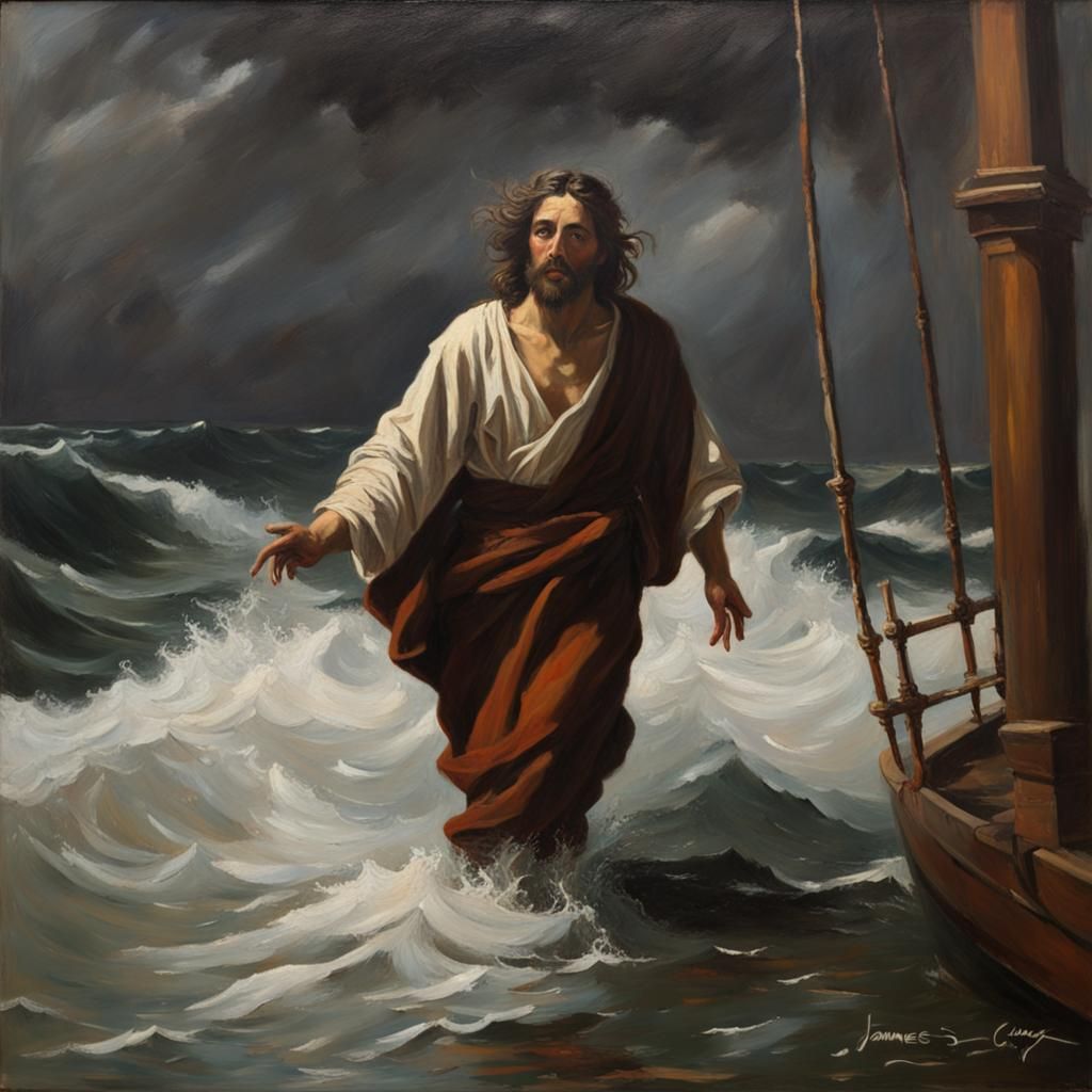 in the style of caravaggio make a painting of jesus walking ...