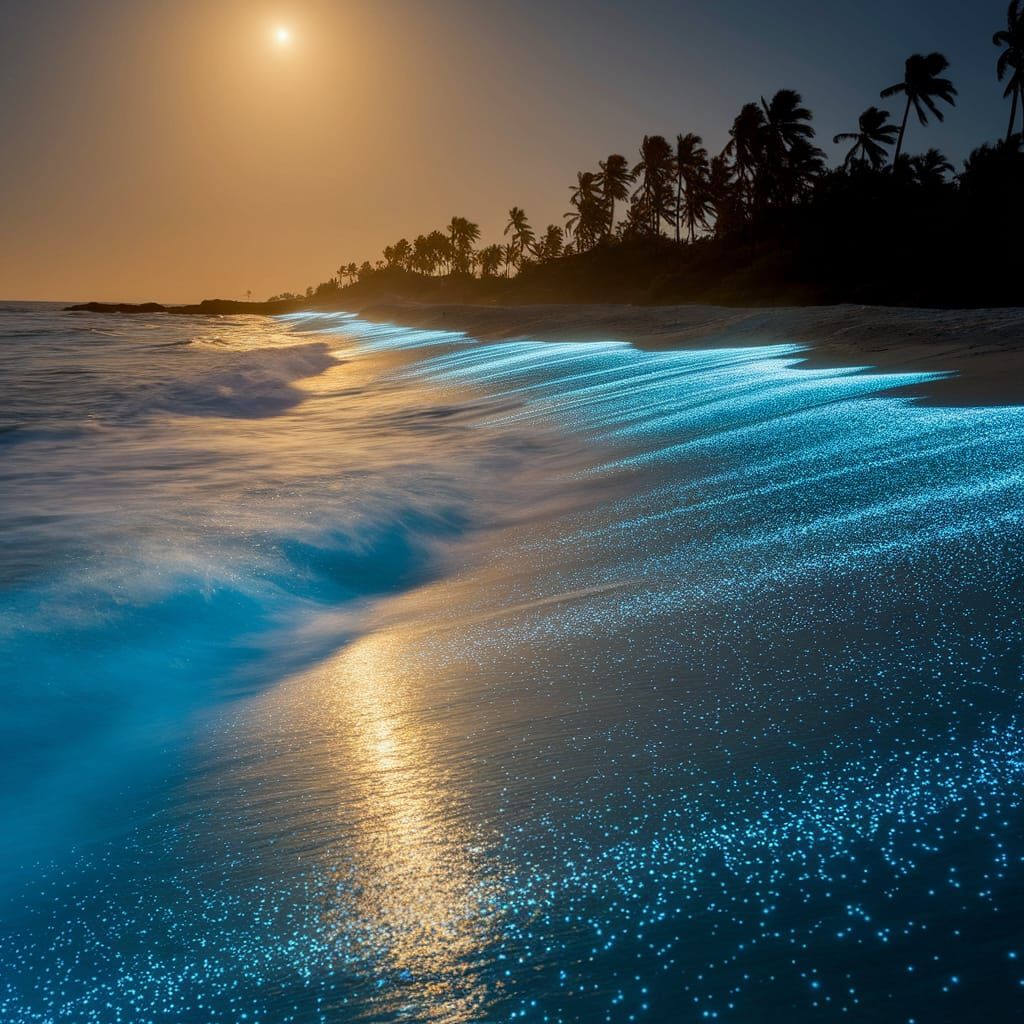 Bioluminescent waves lighting up the shoreline with a soft, blue glow  by @Travis