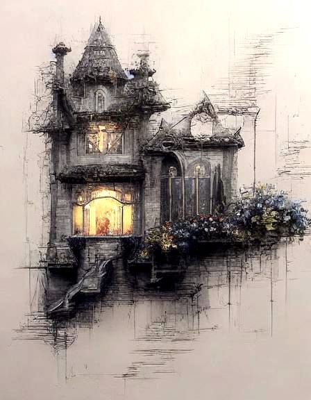 A sketched building