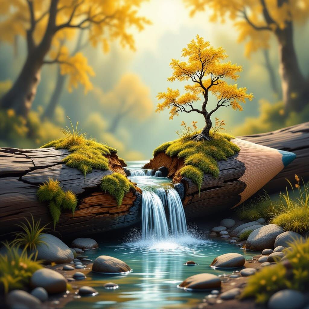 Surreal Artwork: Giant Pencil Waterfall in Mossy Landscape