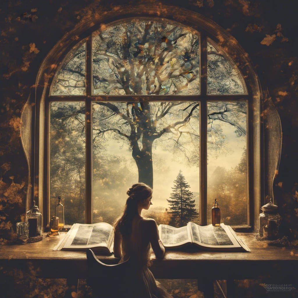 <lora:MJ6-1 DoubleExposure:1.0> A double exposure of an open book with the silhouette of a tree and a young woman in it, a large window sho...