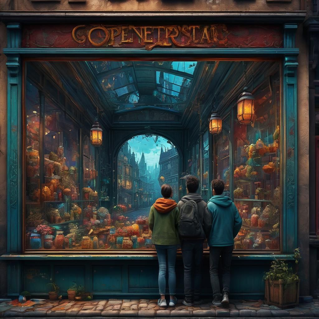 Backside of couple looking in store window painting style