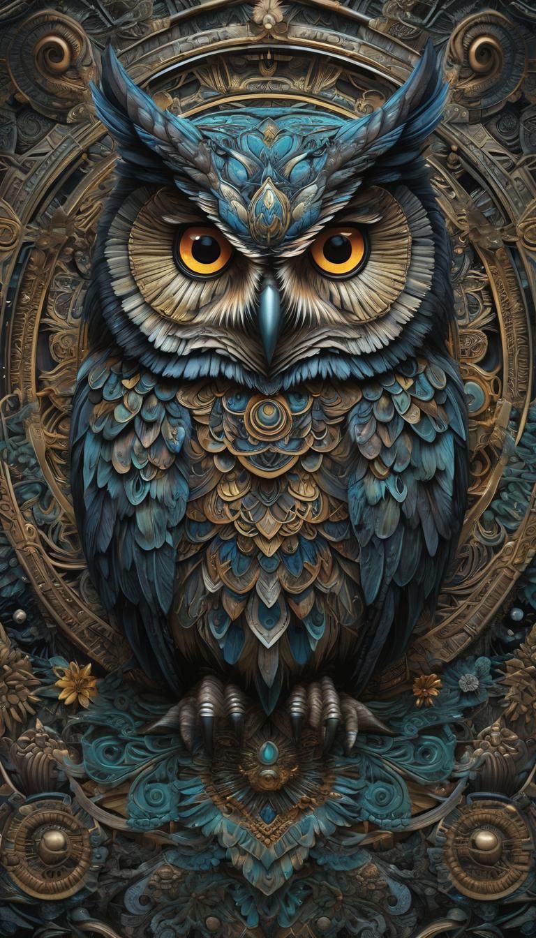 A close-up owl skin “shaped like a mandala”.
A peaceful park ., adorned with bright enameled details. Beautiful: by N. C. Winters and Giusep...