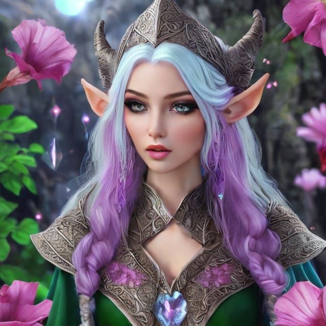 Mystical Elven Priestess Amidst Vibrant Magenta Bloom