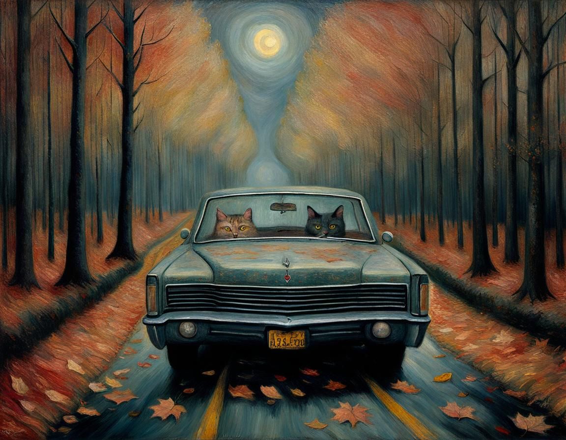 Cool Cats road trip through autumn woods, moody atmospheric soft dark ...