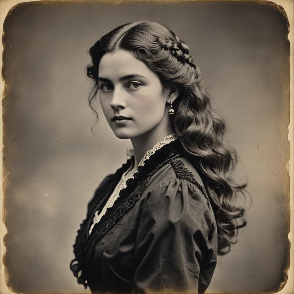 a vintage photograph from the late 1800s presenting a confident woman, her figure perfectly proportioned, ...  by @undefined