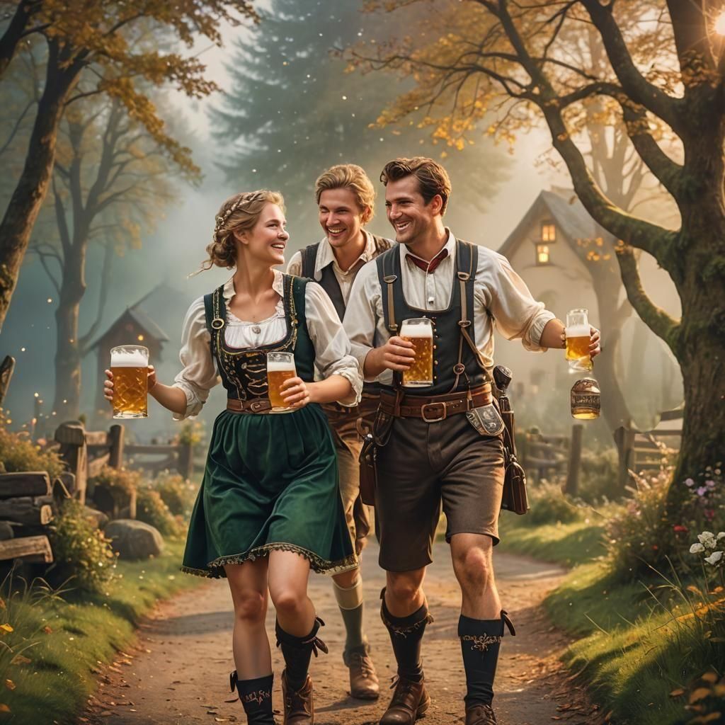 A happy couple in liederhosen and dirndle drinking beer