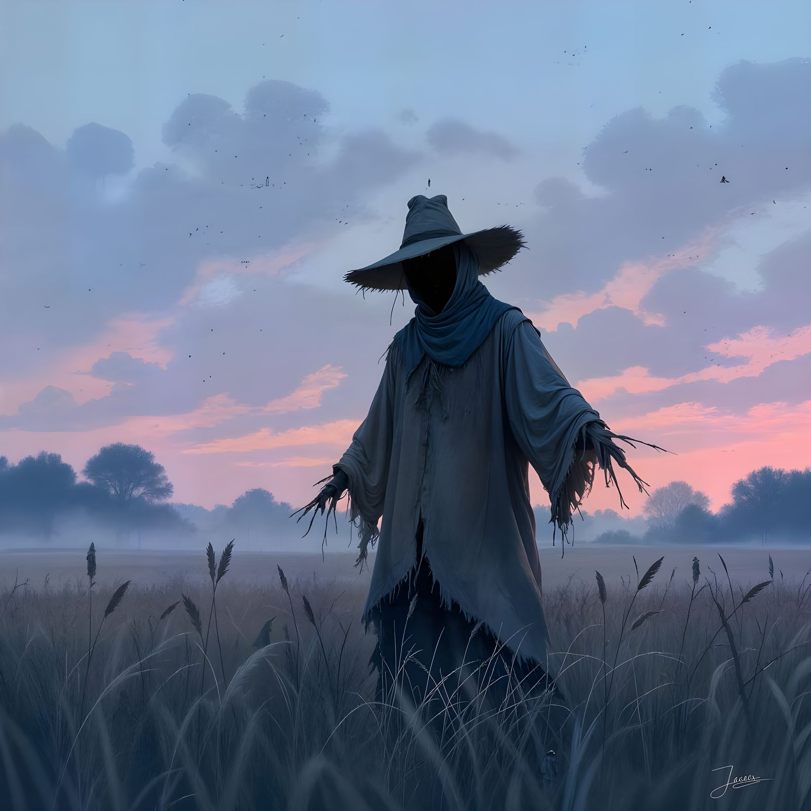 A lone scarecrow stands in a vast, misty field under a twilight sky, its tattered clothes billowing gently ...  by @Christopher hudson 