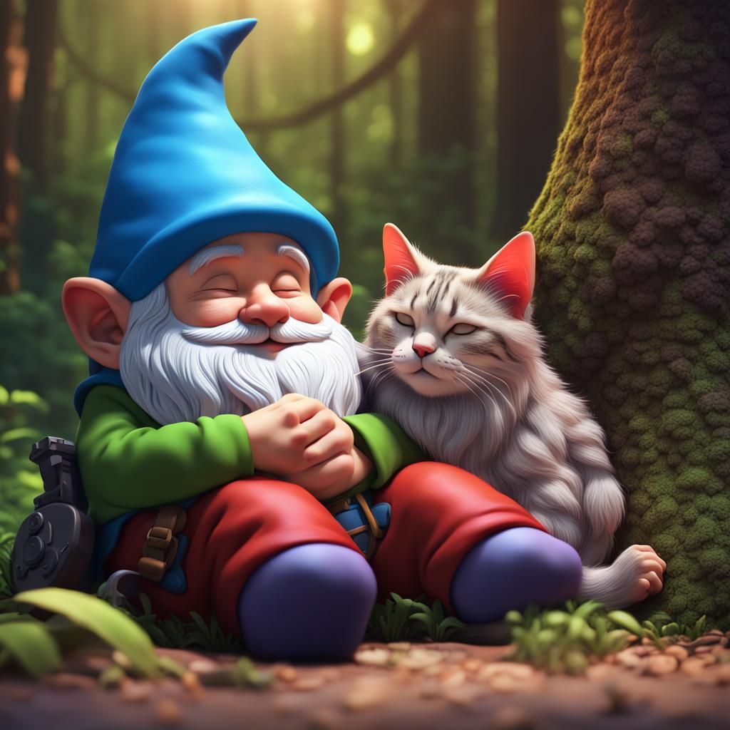 Gnome asleep with cat in forest