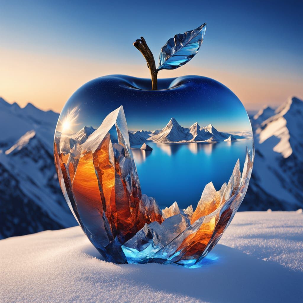 Imagine a majestic crystal apple perched on a snowy mountaintop, all shimmering in a thousand colors, ...  by @NOSHF