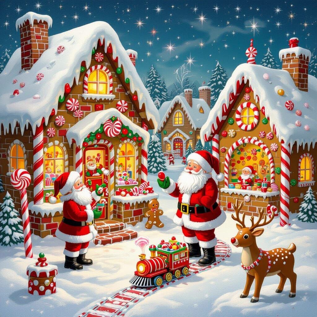 Acrylic and ink vivid image of CHristmas at the North Pole with Santa and his elves and raindeer. There ...  by @Mary Schmidt
