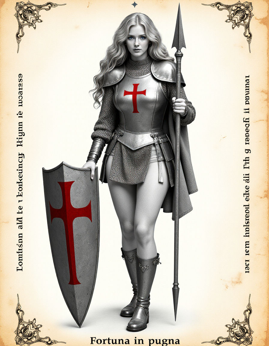 A black-and-white illustration of a powerful, statuesque fem...