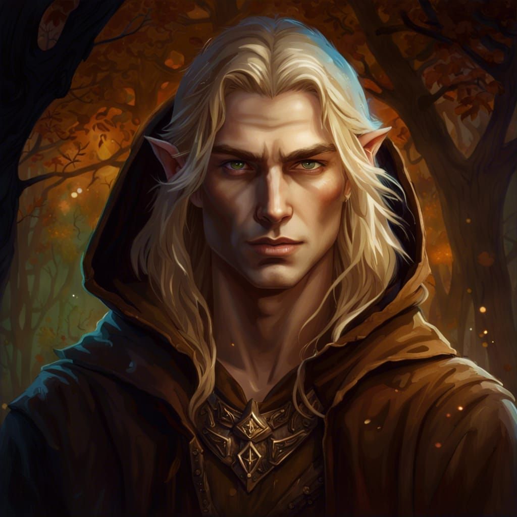 young kind hooded long-haired blonde clean shaven male elf with amber ...