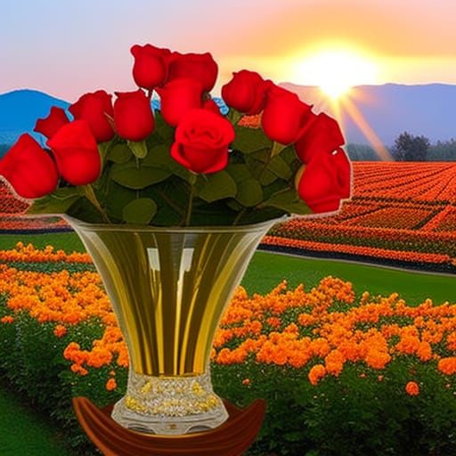 A big crystalline vase with dark red roses in front of blooming roses