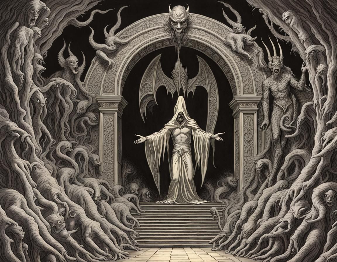 Anonymous Ray pointing at Satan at the epic arched entrance ...