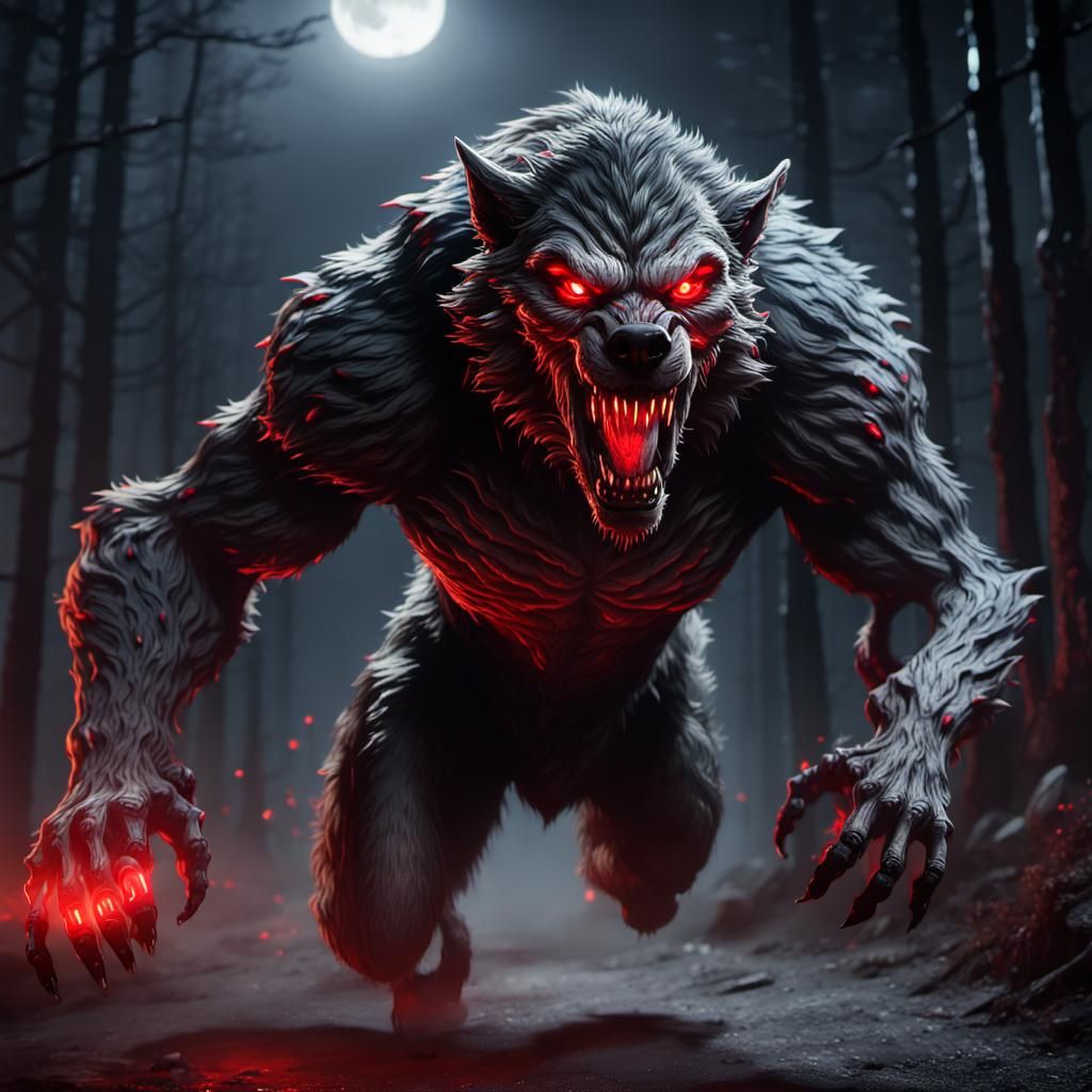 Big Werewolf with red glowing eyes running on they darkness of the ...