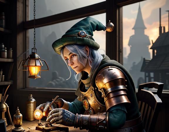a female gnome repairing an automaton at a workbench. 3D Gam...