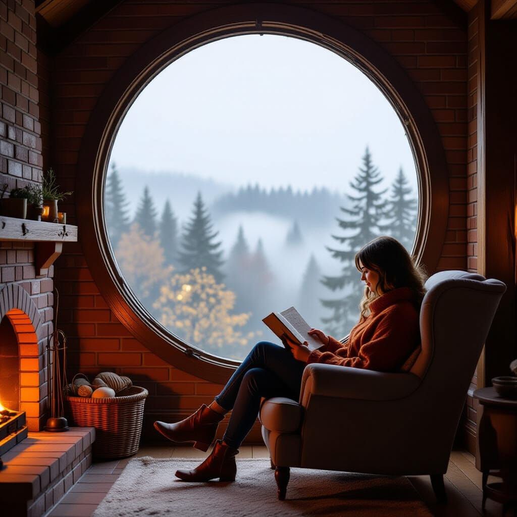 Round window frames a foggy forest view.
Armchair nestled beside books and flickering candles.
Warm tones radiate from brick fireplace glow.