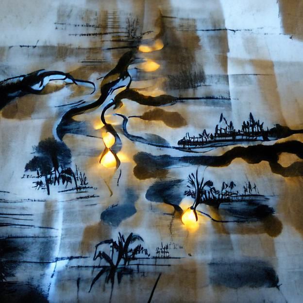India ink on rice paper; Lights along the river