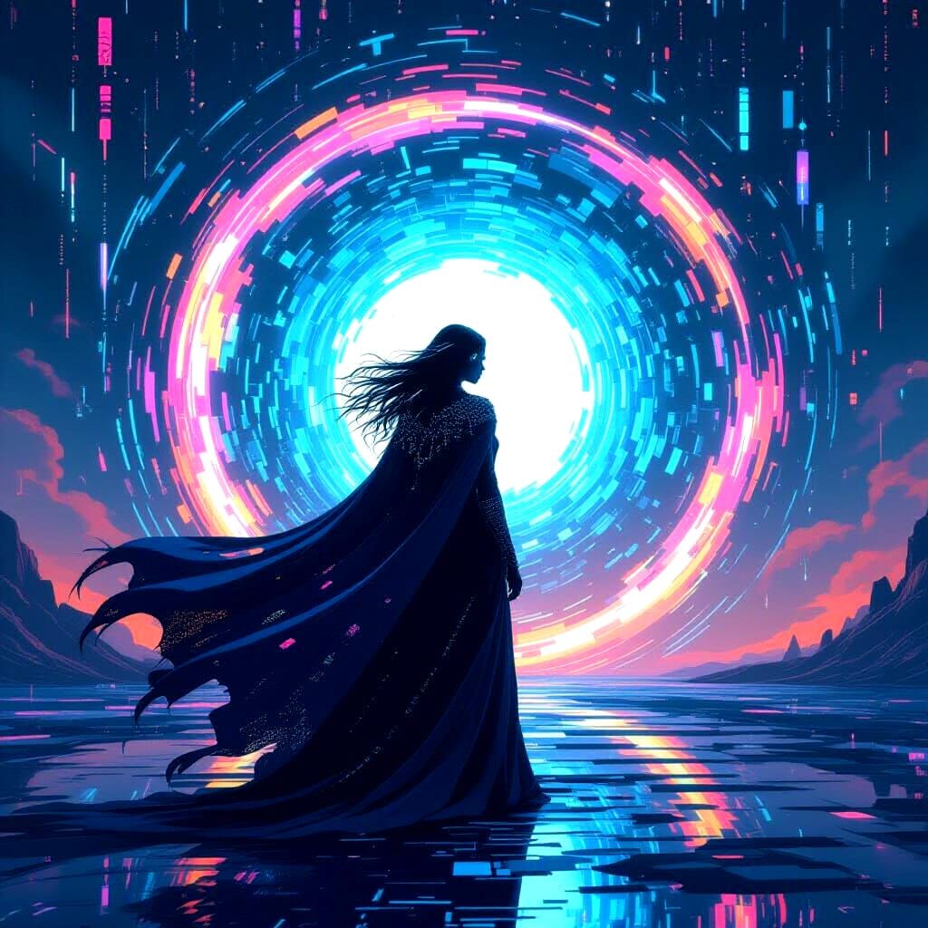 A digital sorceress with a flowing cape of binary code stands before a swirling portal of light, her eyes glowing with an otherworldly power...