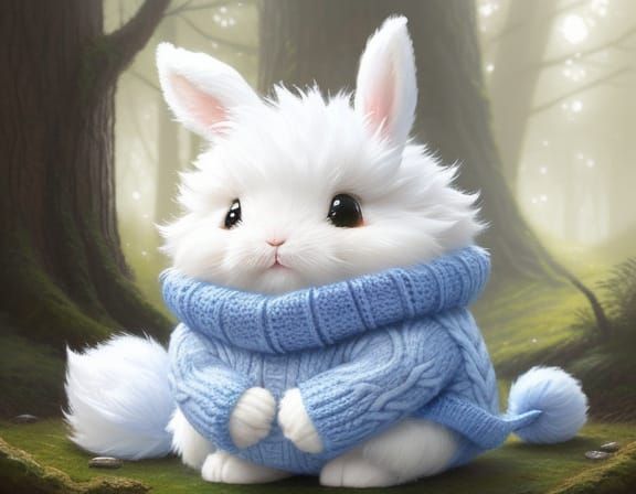 Adorable Fluffy Bunny in Blue Sweater