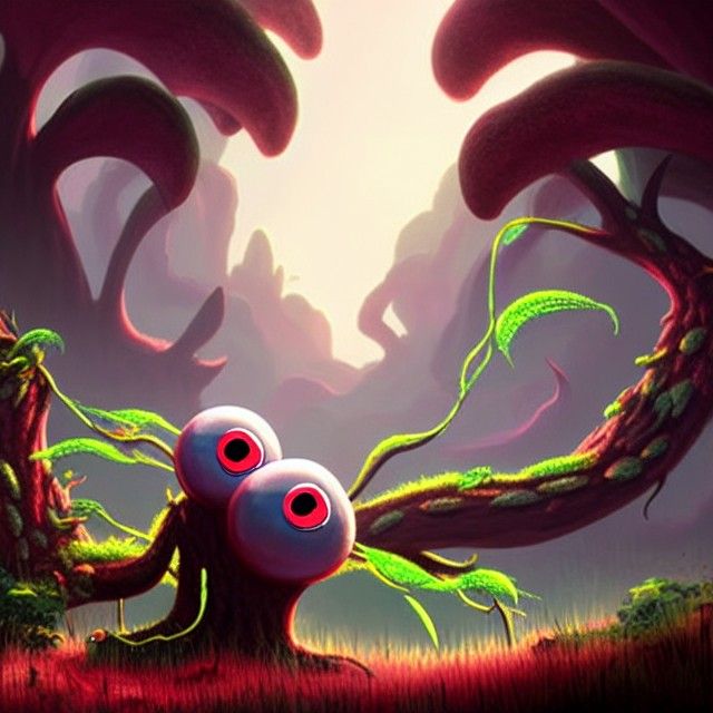 Cartoon character giant plant monster horror red eyed sleepy...