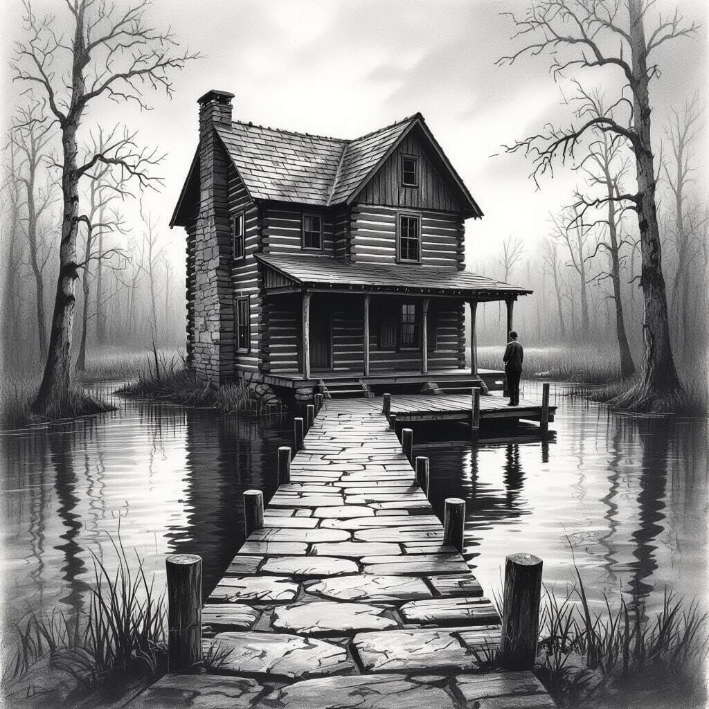on an island in a swamp is a 2 story log cabin, There is a stone walk to a dock that extends out into the swamp water. a stream flows in fro...