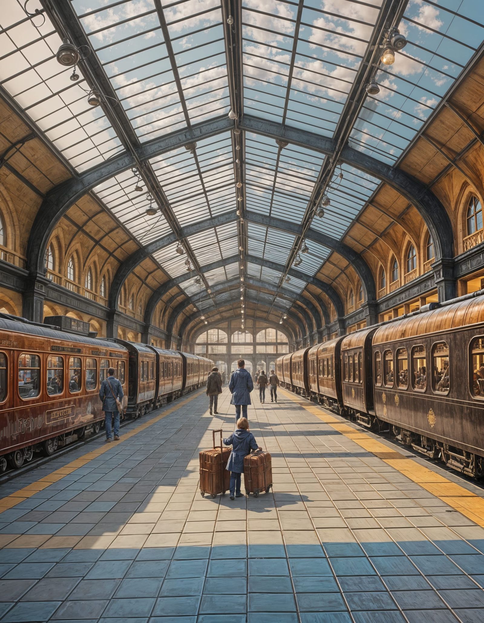 Vintage Train Station Scene in Oil Painting Style