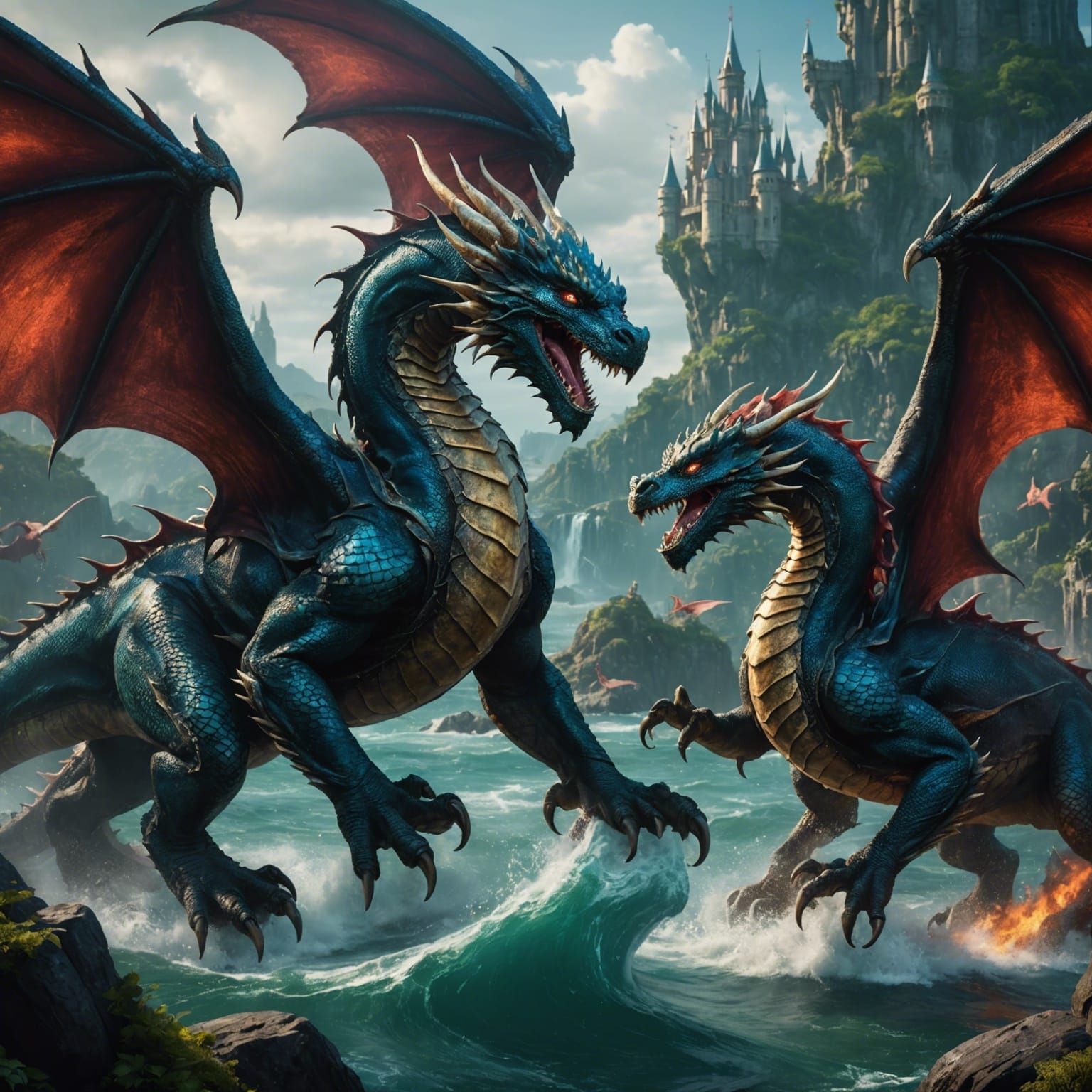 Two dragons in an Ariel fight, detailed matte painting, deep...