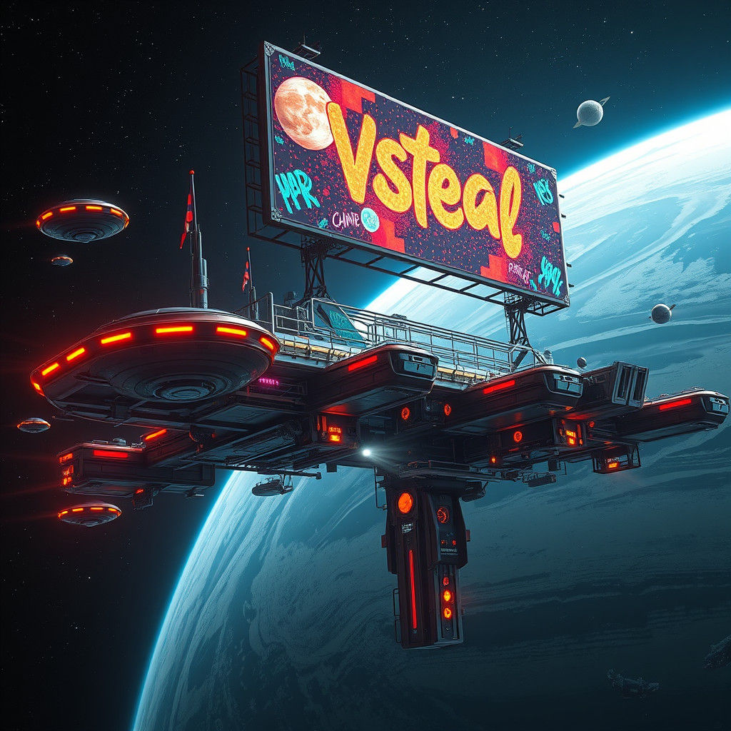 Quantum fuel space station for UFOs orbiting Jupiter. A giant billboard floats above the station. intricate ...  by @TheDawgLives