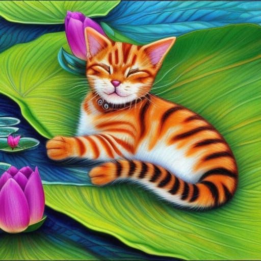 cute cat sleeping on lotus leaf floating on water, Lily Seik...