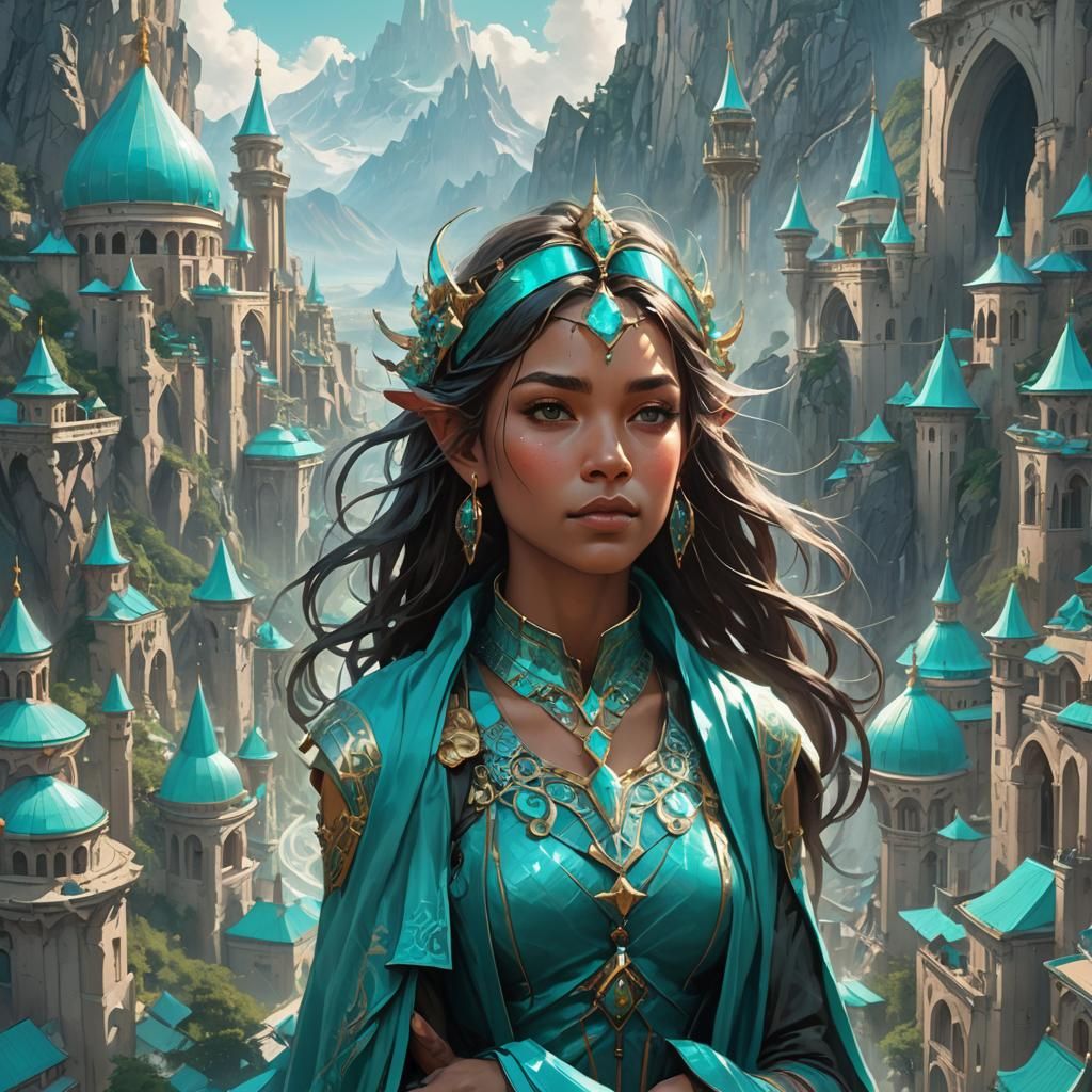A fantastical city built atop a mountain range, its spires a...