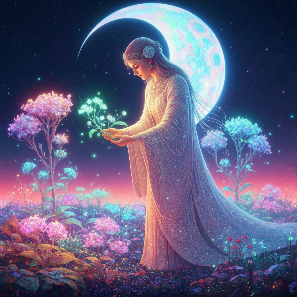 Imagine a celestial gardener tending to a garden of bioluminescent flora on a distant moon, where the plants emit a soft, ethereal glow, ill...
