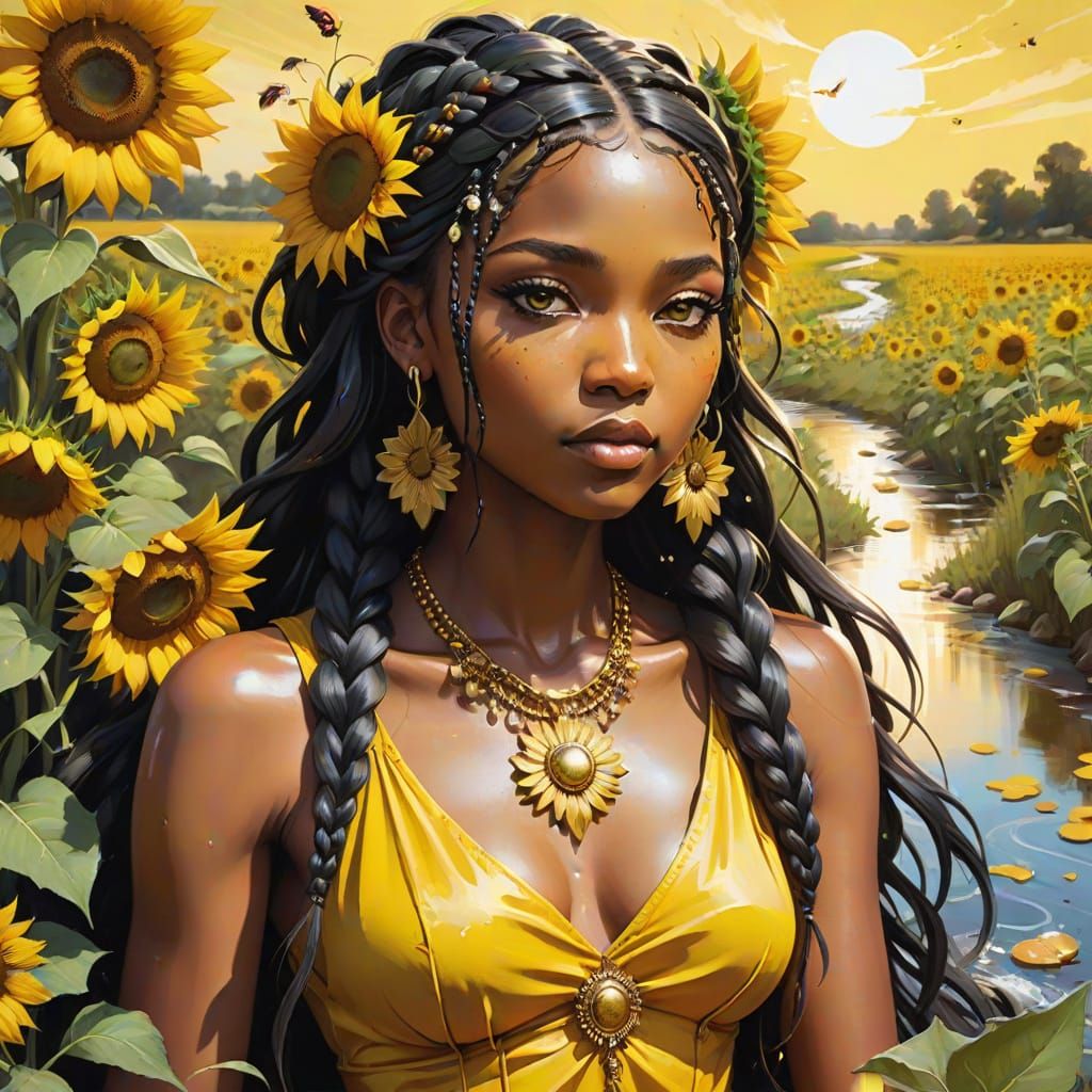Golden Goddess in Vibrant Sunflower Fields