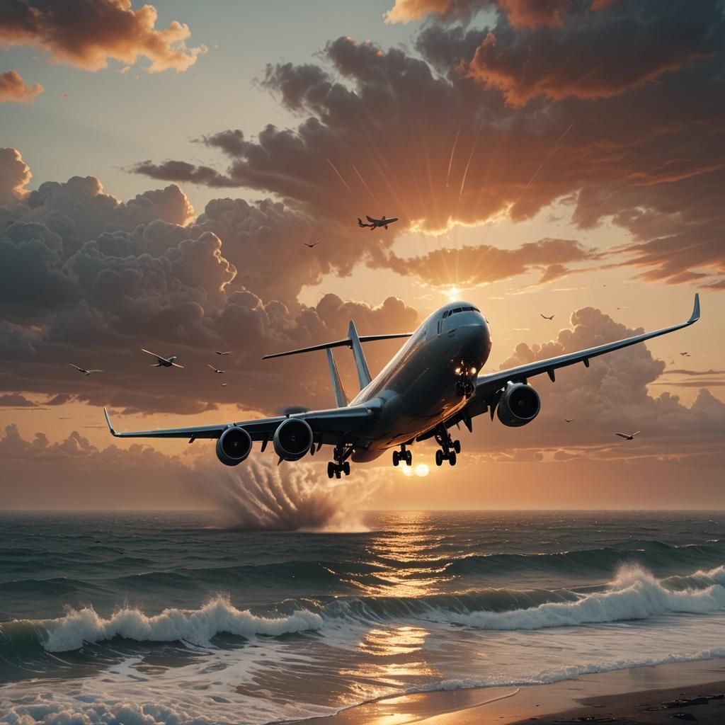 Airplane Soaring at Sunset: Fantasy Concept Art