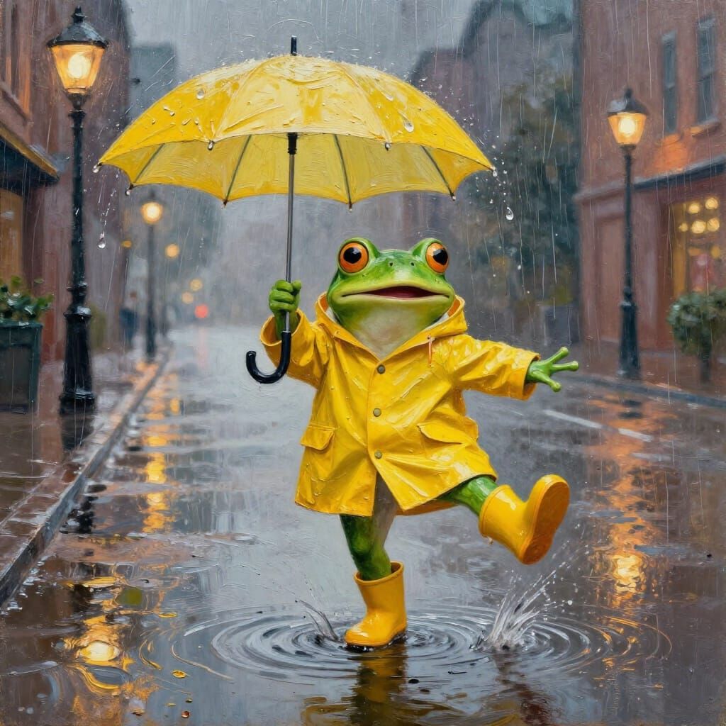 A cheerful frog wearing a bright yellow raincoat and yellow rubber boots is dancing on a wet street under ...  by @Likra