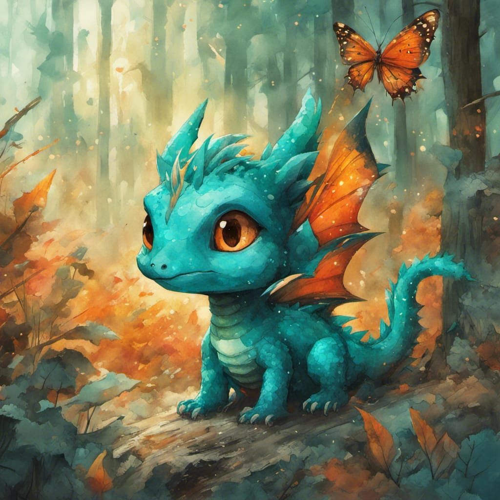 Baby Dragon And A Butterfly  by @AlphaArt