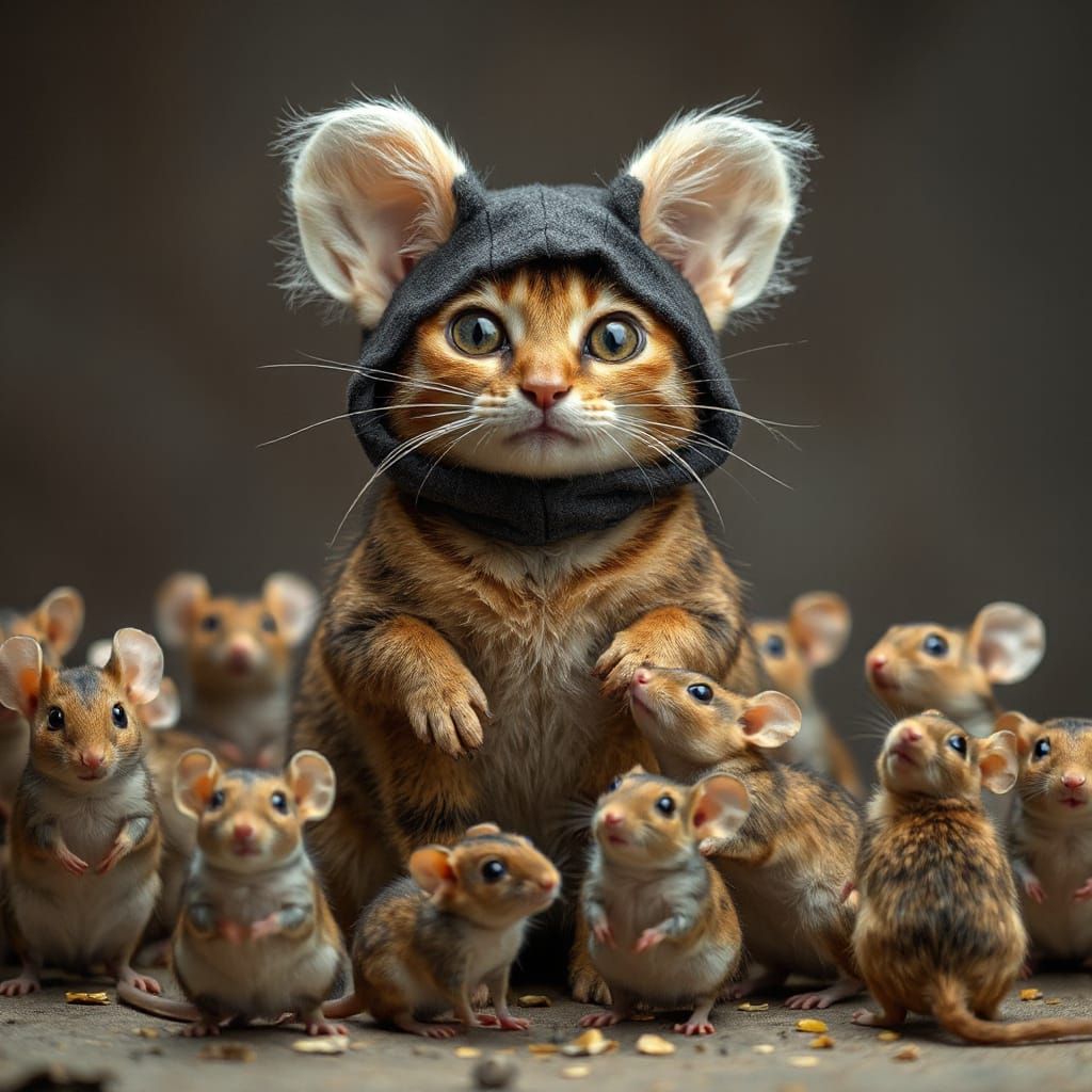 A cat dressed as a mouse  standing in the middle of a group of mice.  by @Dantonio